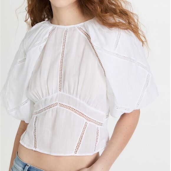 Frame Inset Lace Gathered Seam White Puff Sleeve Top Size XS NWT - Picture 1 of 7